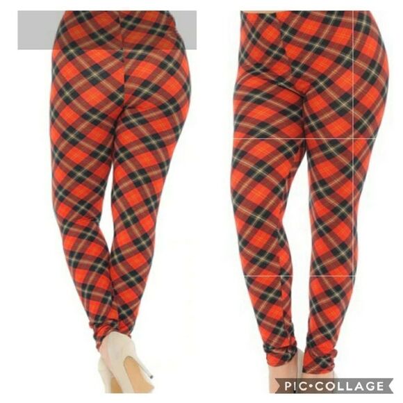 Red & Blue Angeled Plaid Leggings - Picture 1 of 7